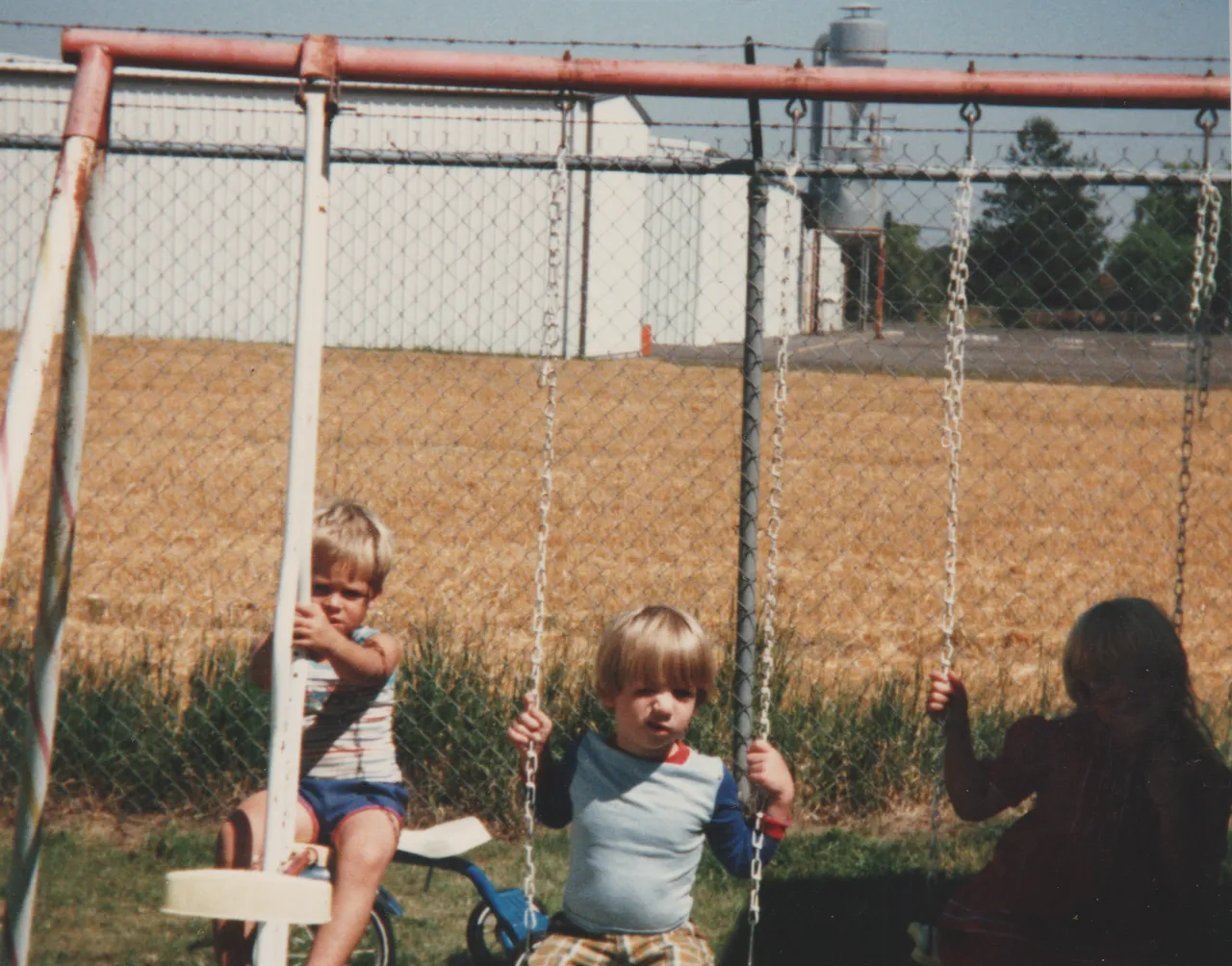1984 - Summer - Cousins Visit 163 - Jim, Nathan, Alan, Katie, Ricky, front yard, big tree, swingset, factory, metal fence, no date on these pics, could be 84, not sure which month-3.png