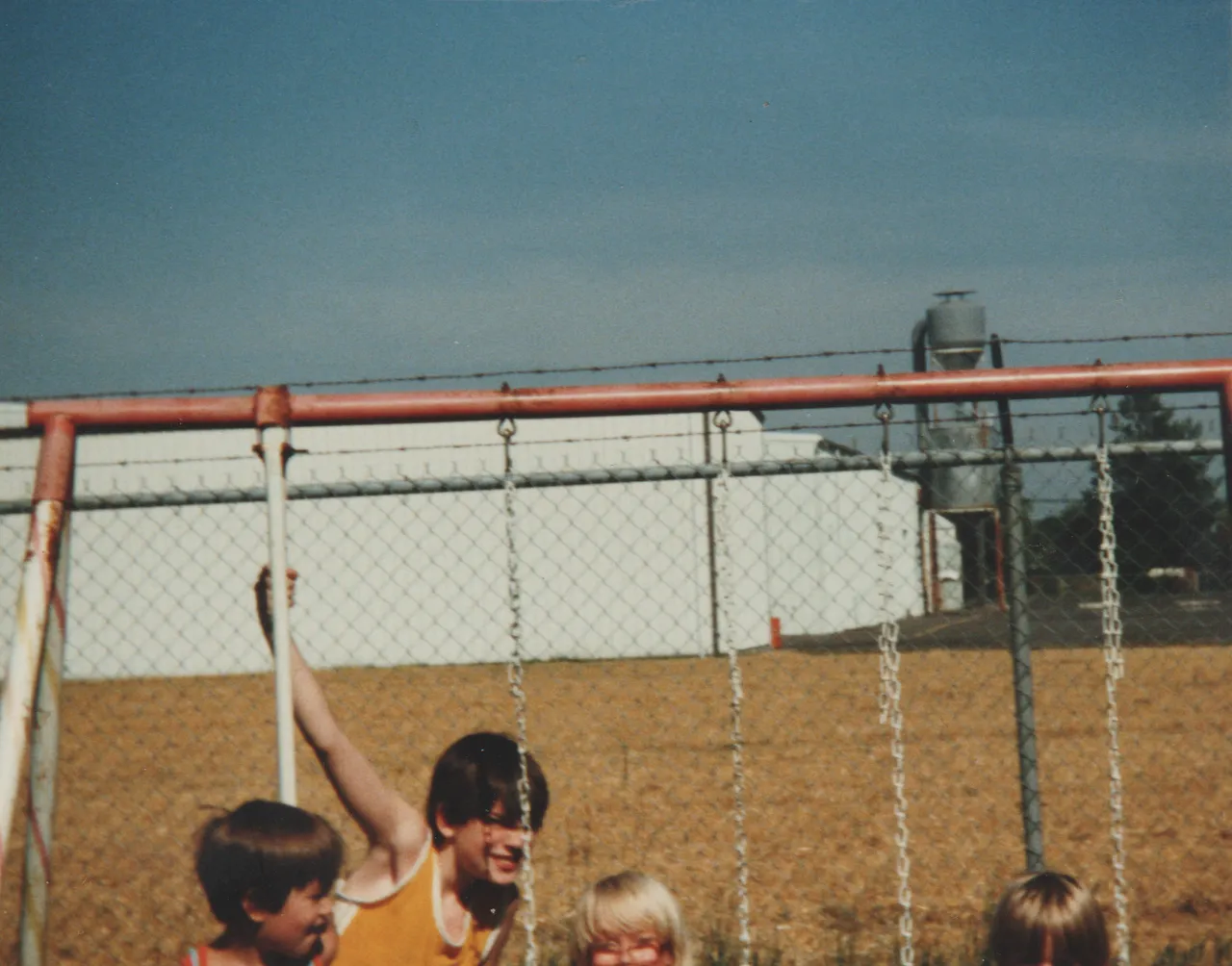 1984 - Summer - Cousins Visit 163 - Jim, Nathan, Alan, Katie, Ricky, front yard, big tree, swingset, factory, metal fence, no date on these pics, could be 84, not sure which month-2.png