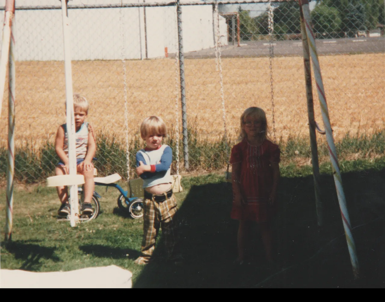 1984 - Summer - Cousins Visit 163 - Jim, Nathan, Alan, Katie, Ricky, front yard, big tree, swingset, factory, metal fence, no date on these pics, could be 84, not sure which month-4.png