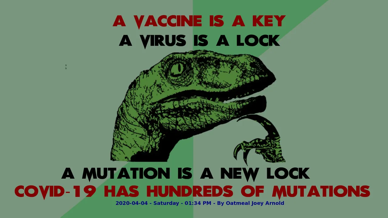 Philosophy Dinosaur A vaccine is a key. A virus is a lock. A mutation is a new lock. COVID-19 has hundreds of mutations.png