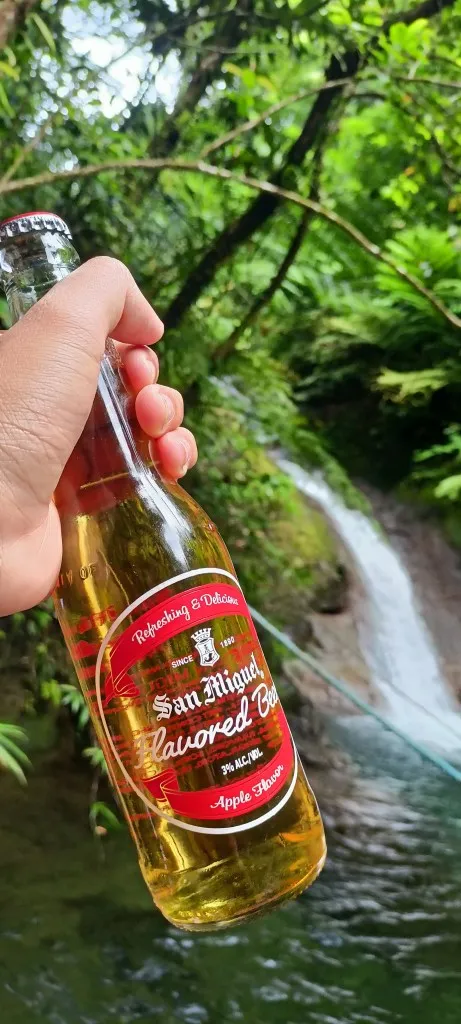 San Miguel Flavored Beer at Pinlac Falls as a background.