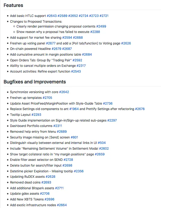 A screenshot from GitHub listing features, fixes and improvements to the BitShares UI worker.