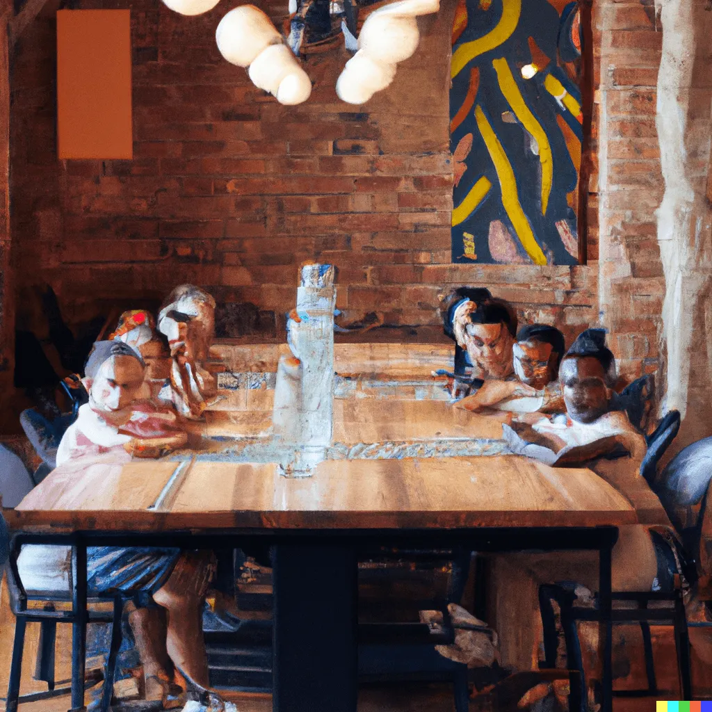 DALL·E 2023-02-04 20.43.11 - a long table inside a cafeteria with six children seated at it who have light african features  (1).png