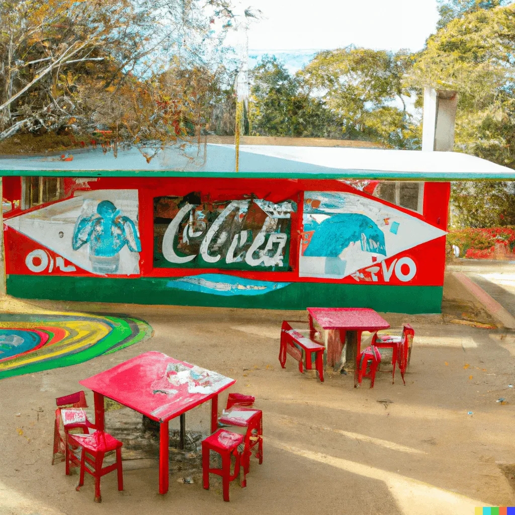 DALL·E 2023-02-04 20.33.53 - A school with many trees and a lot of greenery with a cafeteria covered with colorful paint that has a Coca Cola logo and a table with children with A (1).png