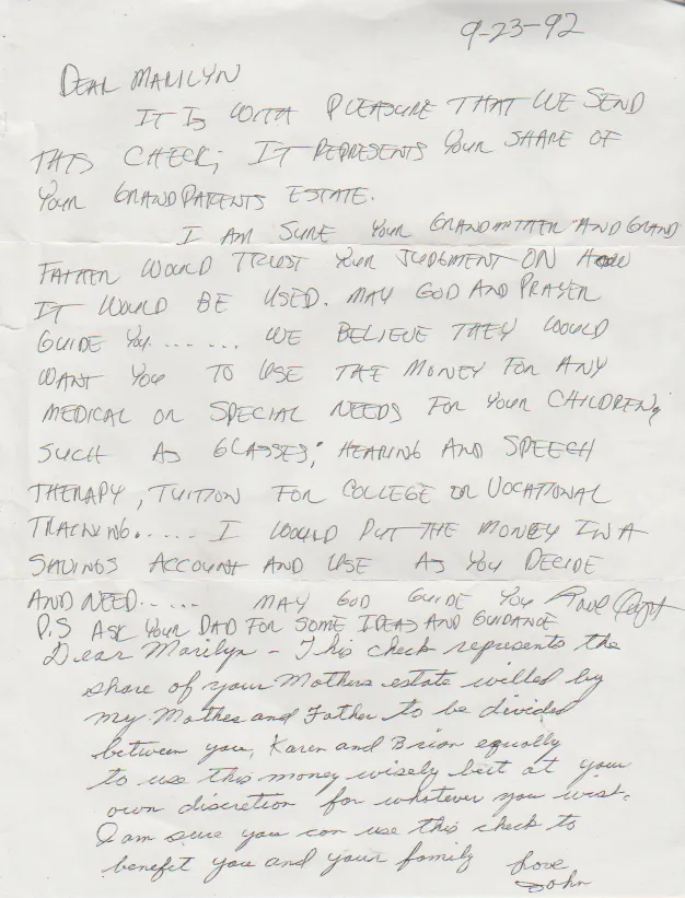 1992-09-23 - Wednesday - John Pickett to Marilyn Morehead Mitchell regarding inheritance from Grandma Ann.png