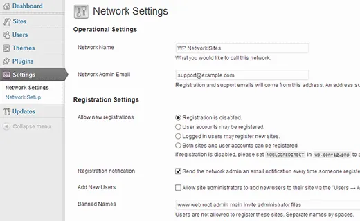 Network settings screen