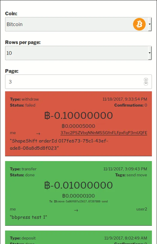 User transactions viewed as list