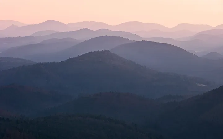 Layers of mountians in the Palatinate Forest in soft morning light