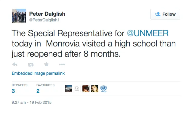Peter Dalglish on Twitter   The Special Representative for  UNMEER today in Monrovia visited a high school than just reopened after 8 months. http   t.co hdys9bXXvh .png