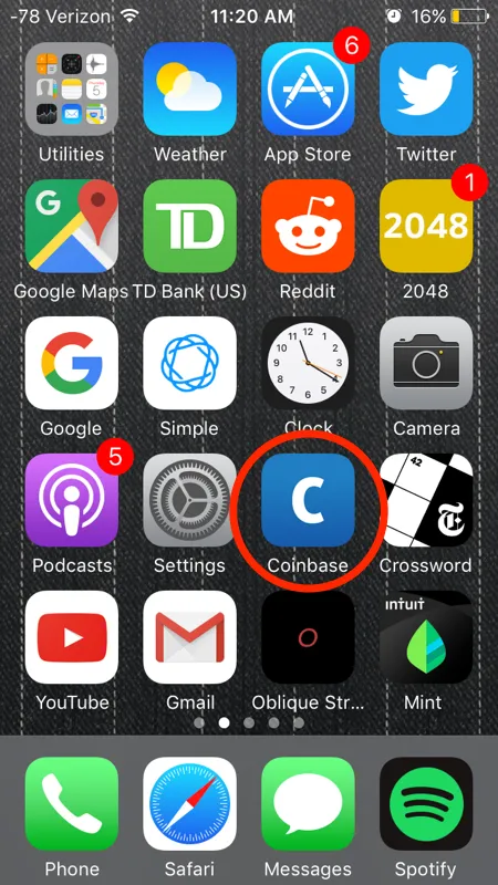This is what the Coinbase app looks like on an iPhone.