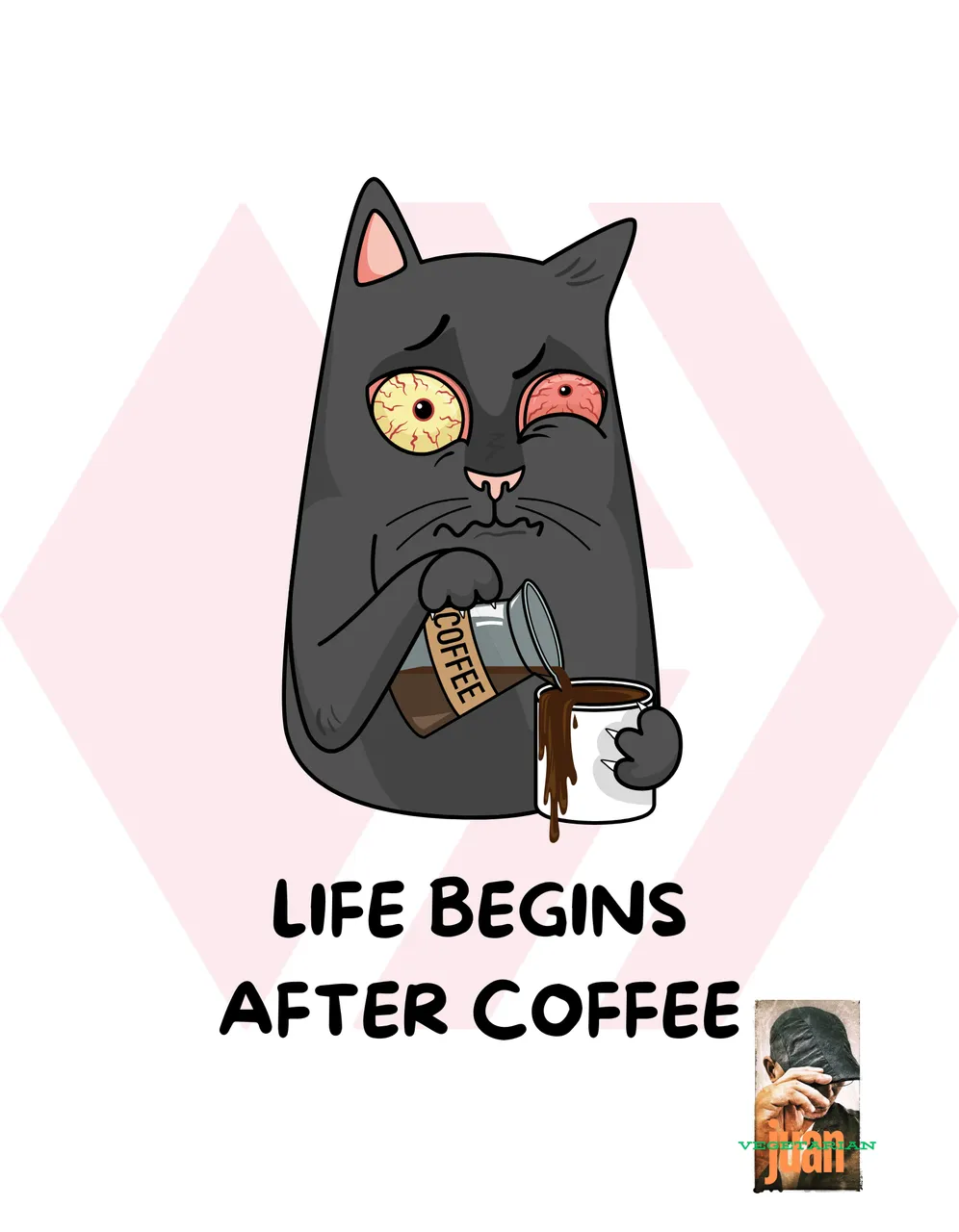 Grey Illustrated Cat Life Begins After Coffee T-Shirt.png