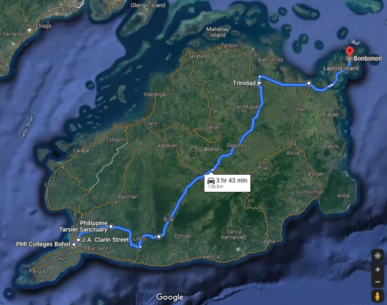 Route from Tagbilaran City to Brgy. Bonbonon, PCPG Island