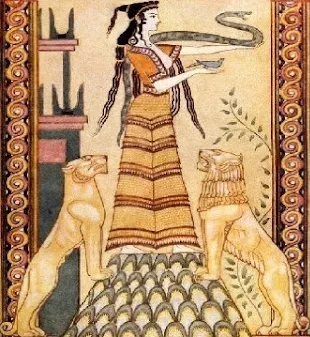 The Serpent Goddess of ancient Crete, with her attendant lion and lioness - Source: John Duncan in Mackenzie, Myths of Crete - Credit: Mary Evans Picture Library #10049929
