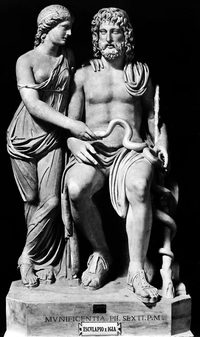 Sculpture of Aesculapius and Hygeia. Wellcome Collection, CC BY 4.0, via Wikimedia Commons. Color and cropping edits.