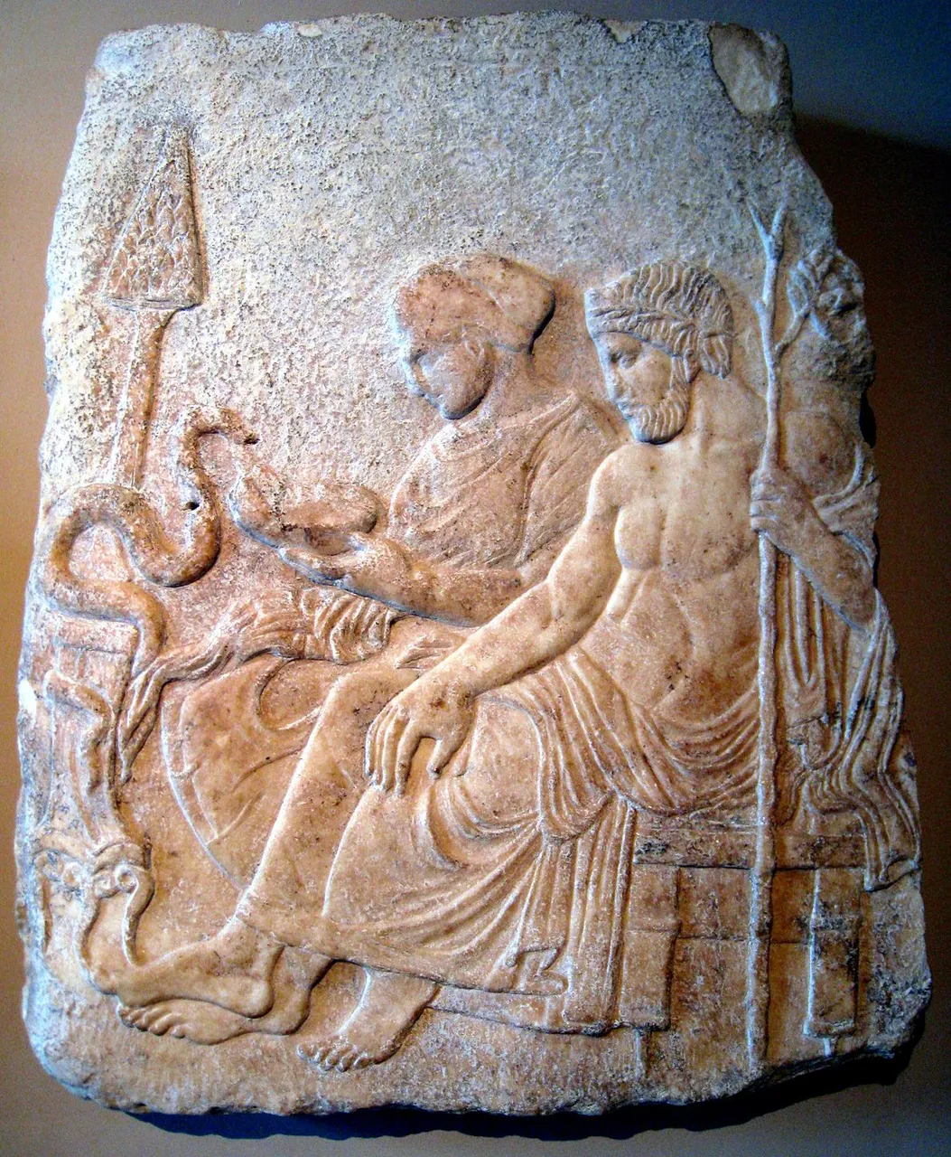 Asclepius and Hygieia Relief. Prioryman, CC BY-SA 3.0, via Wikimedia Commons.