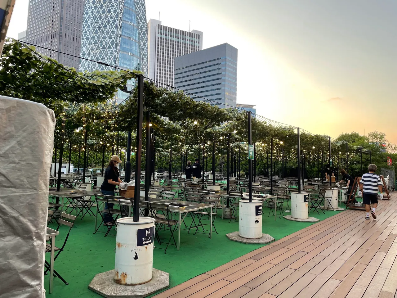 Staff preparing for the barbecue at the rooftop garden