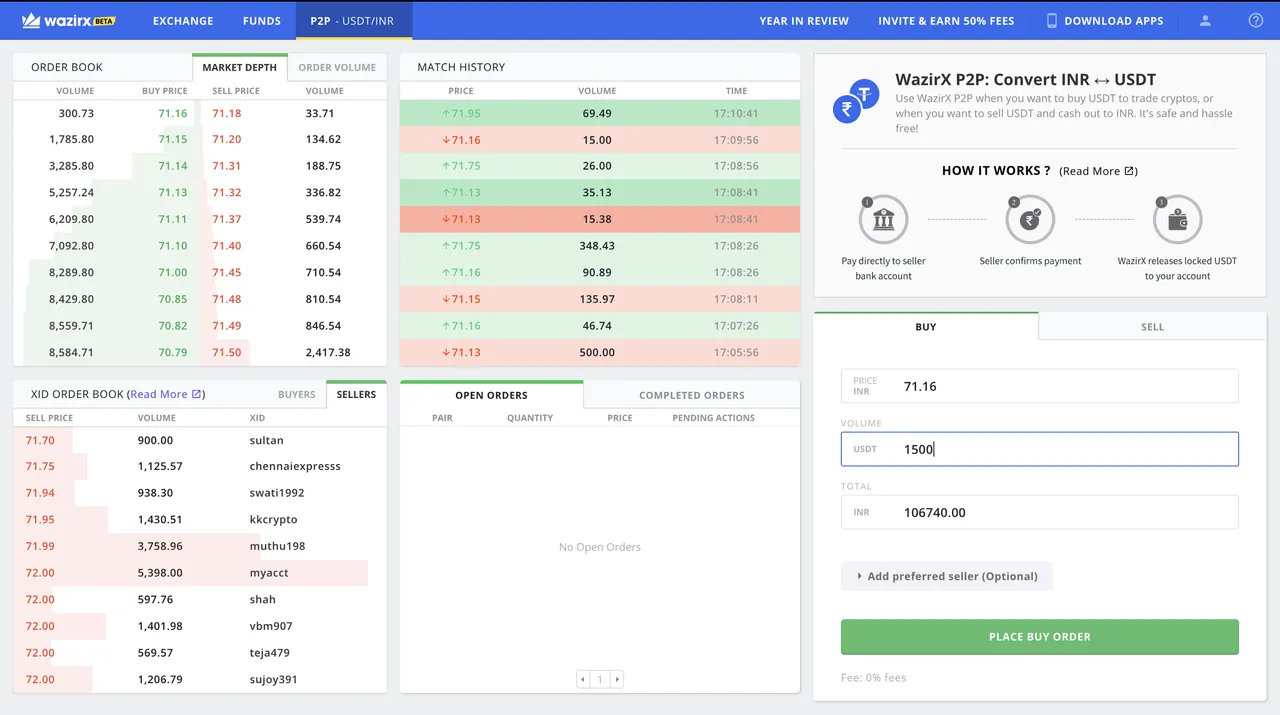 An exchange like interface, with auto order matching P2P exchange.