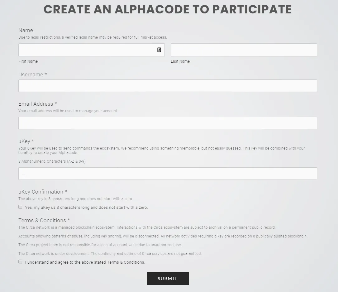 Alphacode Registration - https://circa.systems/steem