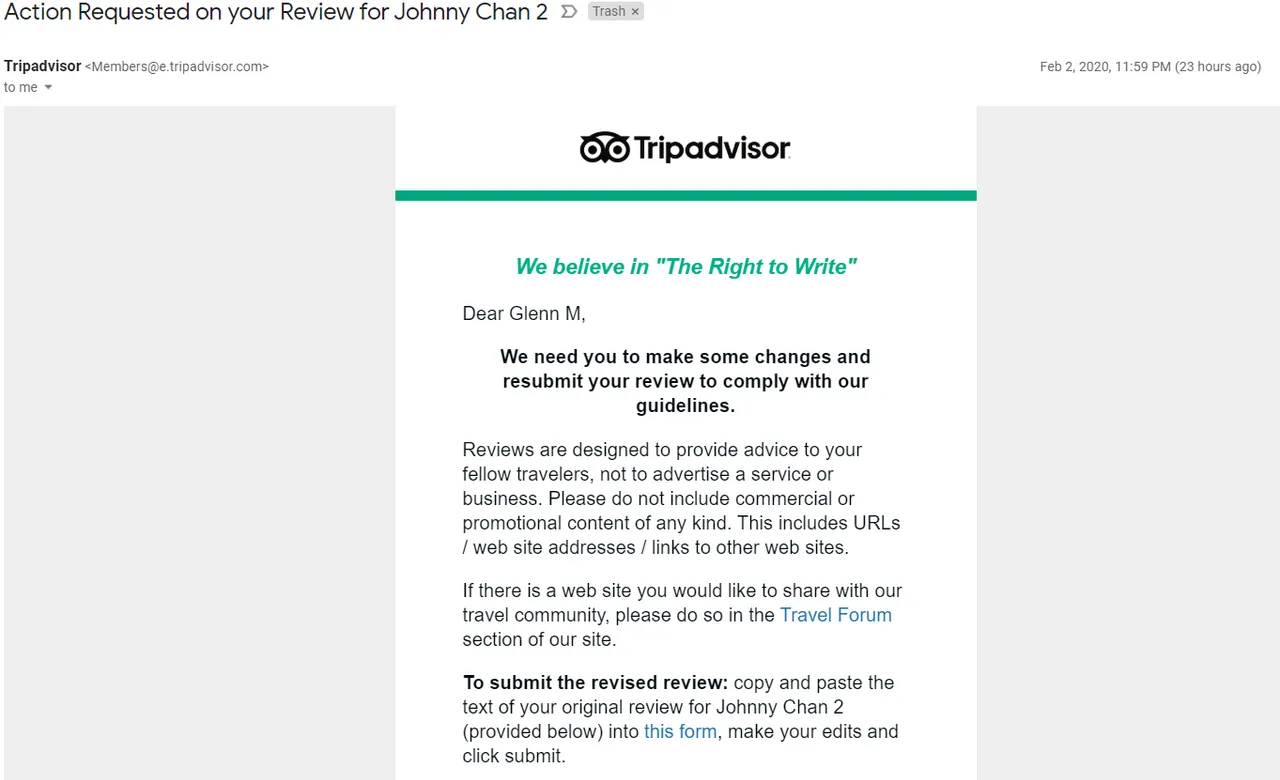 screen shot of the beginning of email notice from Trip Advisor