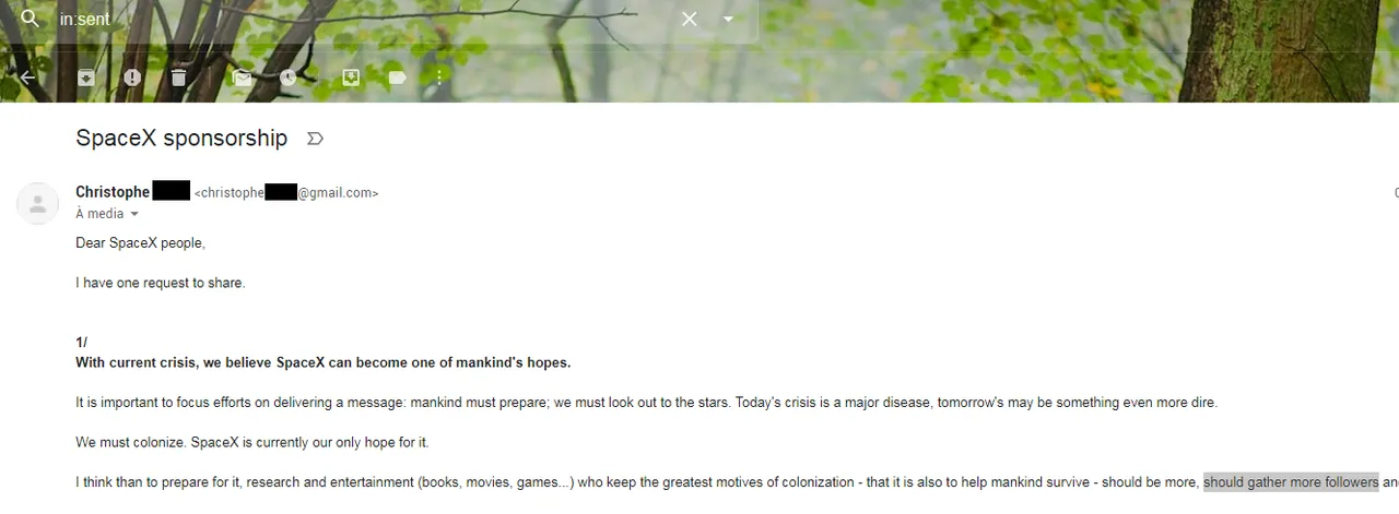 My initial message, sent from Gmail.