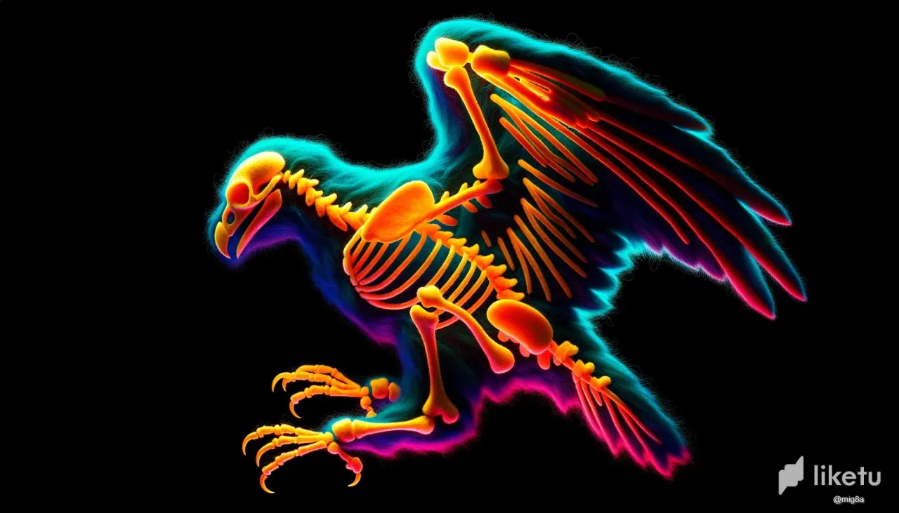 clns18gre068p0iszg0a91x5t_DALLE_2023-10-15_13.17.24_-_3D_rendering_of_a_skeletal_Golden_Eagle_guila_real_crafted_from_felt_in_vibrant_phosphorescent_and_electric_colors_positioned_against_a_deep_black.webp