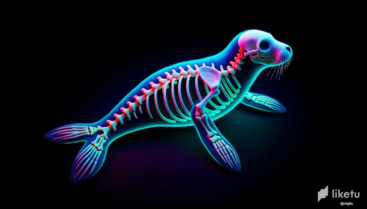 clns3jobi067hb9szgntv9q0v_DALLE_2023-10-15_13.17.40_-_3D_rendering_of_a_skeletal_Common_Seal_Foca_comn_crafted_from_felt_in_vibrant_phosphorescent_and_electric_colors_positioned_against_a_deep_black_b.webp