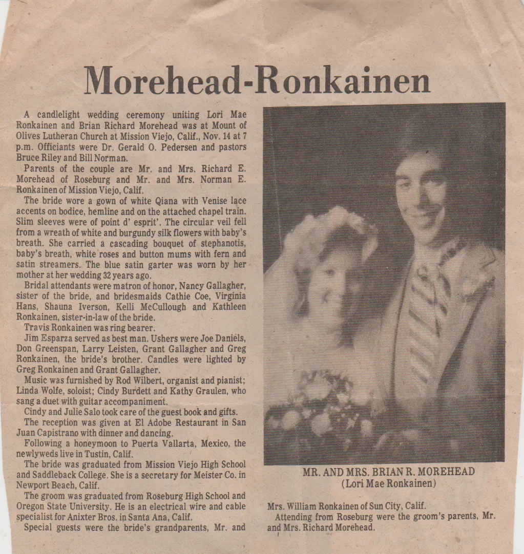 1980 - Brian & Lori Morehead, wedding, marriage, newspaper, not sure which year.png