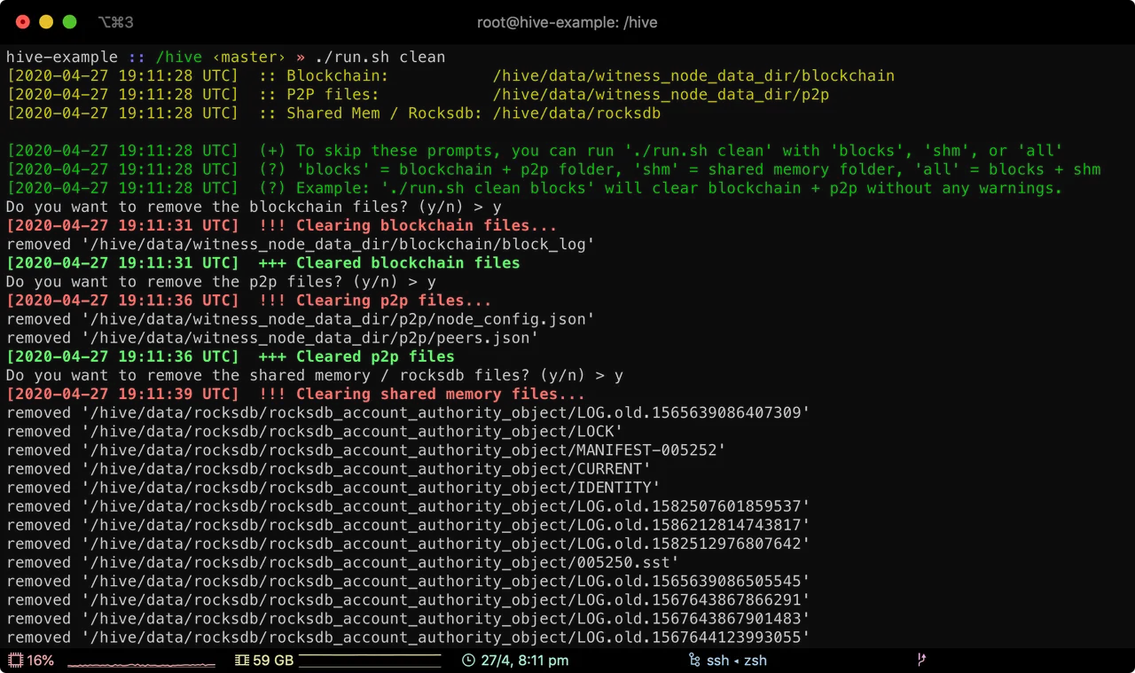 Screenshot of run.sh clean command