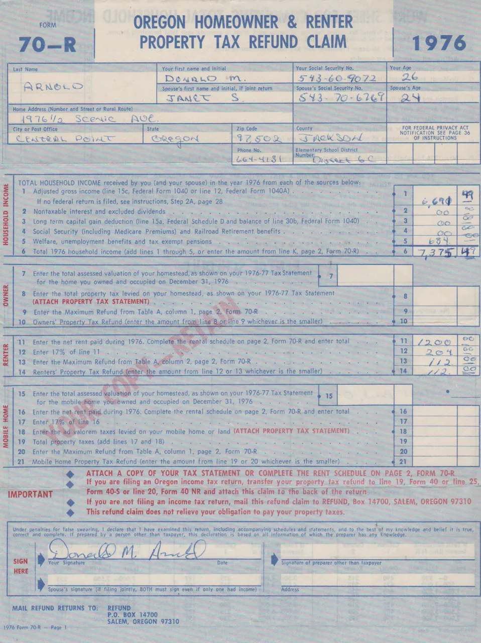 1976 - Tax Refund Claim: Don Arnold, Janet S-1.png