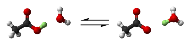 Acetic acid, a weak acid, donates a proton (hydrogen ion, highlighted in green) to water in an equilibrium reaction to give the acetate ion and the hydronium ion. Red: oxygen, black: carbon, white: hydrogen.