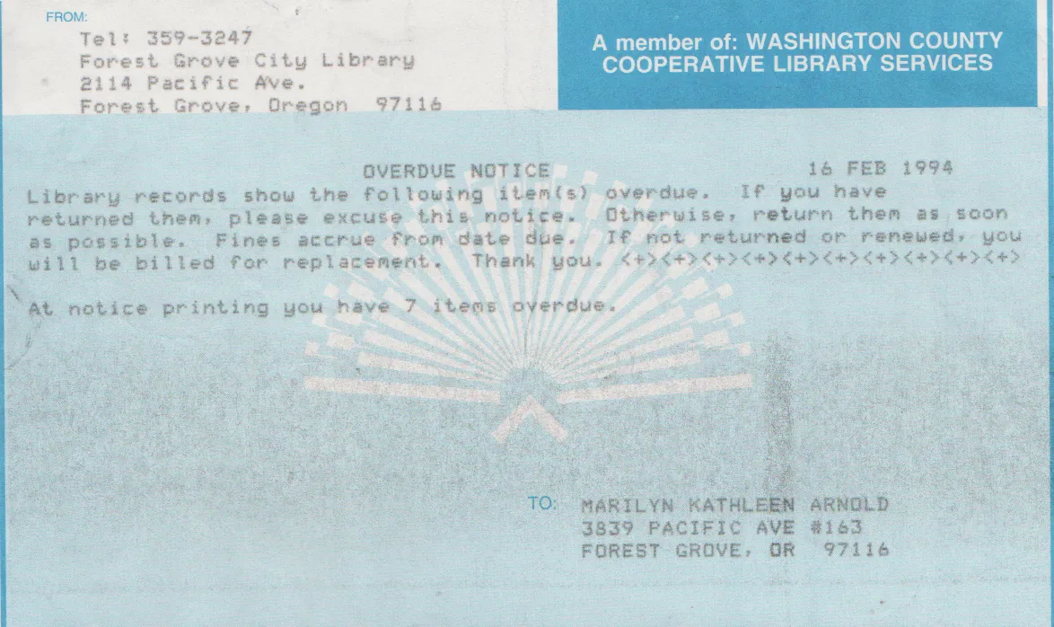 1994-02-16 - Wednesday - FG Library Overdue Notice to Marilyn Morehead Arnold Mitchell, 7 books, from the 5th, Saturday.png