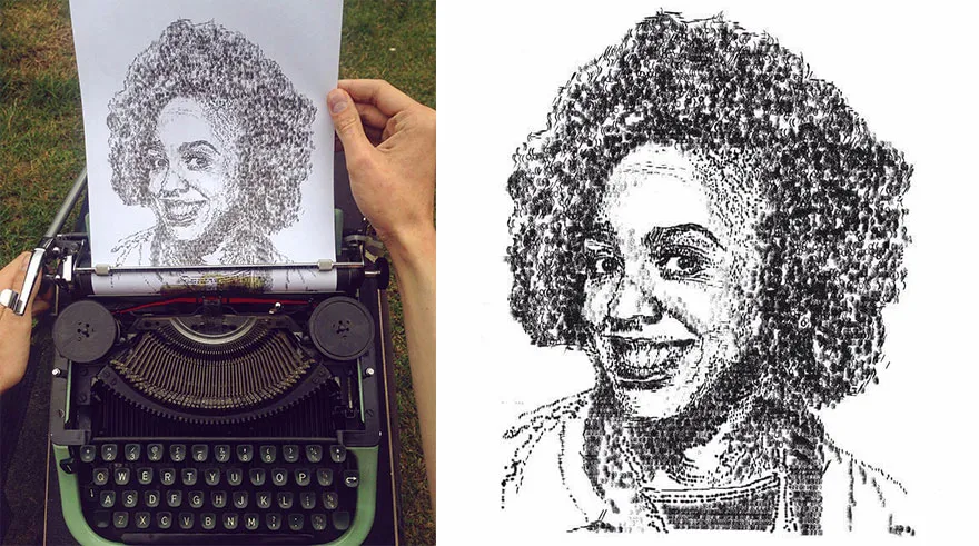 Artista desenha com máquina de escrever