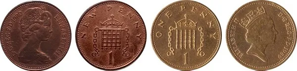 Decimalized GBP 1 penny coins showing 2 obverse and 2 reverse designs