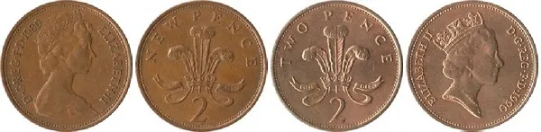 Decimalized GBP 2 pence coins showing 2 obverse and 2 reverse designs