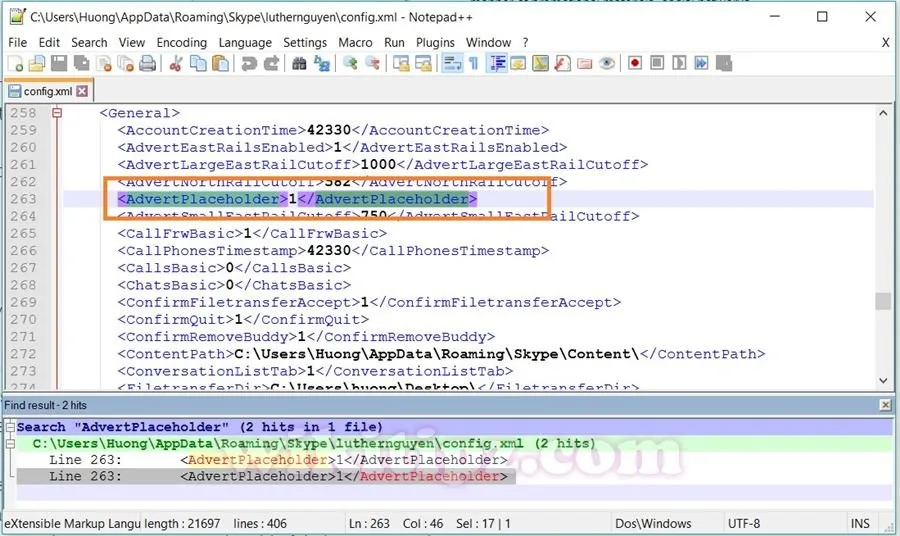 Trong giao diện Notepad++, nhấn Ctrl+F để tìm từ khóa "AdvertPlaceholder".