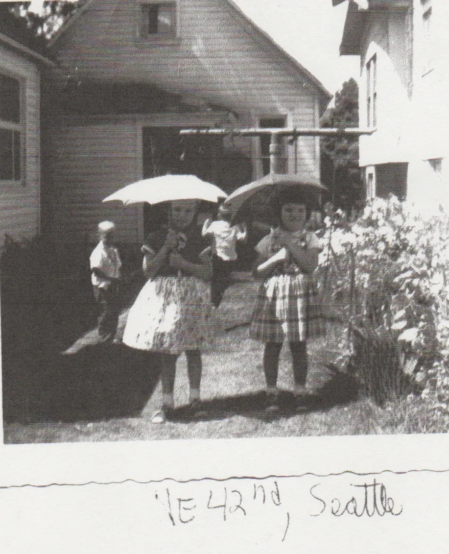 1957 maybe - Karen, Marilyn Morehead - Umbrella - NE 42nd, Seattle - Ann's Old House.jpg