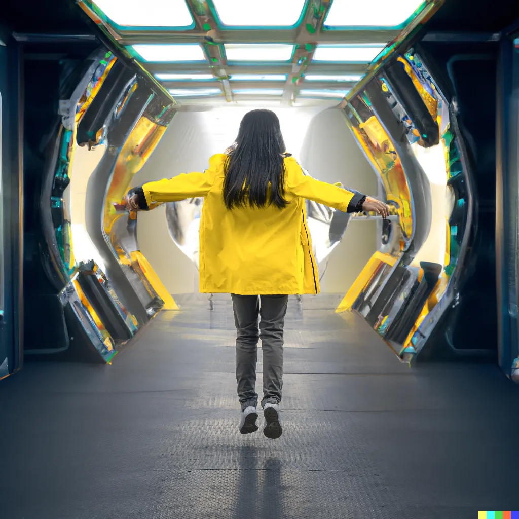 DALL·E 2023-01-23 00.52.18 - girl hovering in a corridor on a futuristic space ship.png