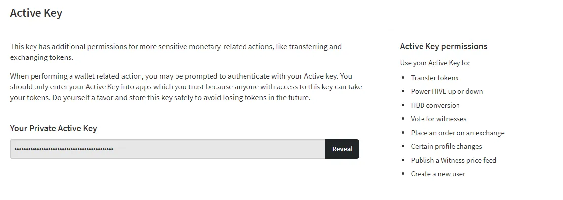 Screenshot of Hive Wallet active key page