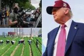 An image collage containing 3 images, Image 1 shows Activists and family members confront Homeland Security police outside of the offices of a Homeland Security contractor after several immigrants were taken into custody in Chicago on June 4, Image 2 shows Farm workers labor in the fields south of Bakersfield, Calif. Farmers have reported an uptick in immigration enforcement actions in recent weeks, Image 3 shows President Trump acknowledged that his immigration policies have hurt US businesses