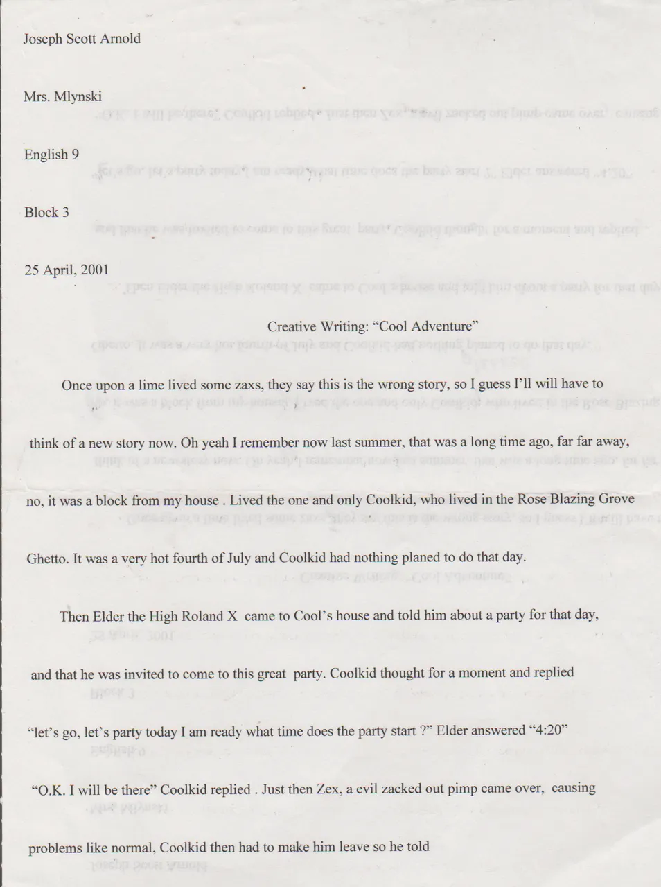 2001-04-25 - English9 - Creative Writing: Cool Adventure starring Cool Kid, Elder, Tiffany, Tom Adam, etc-B - Blooper Intro page.png