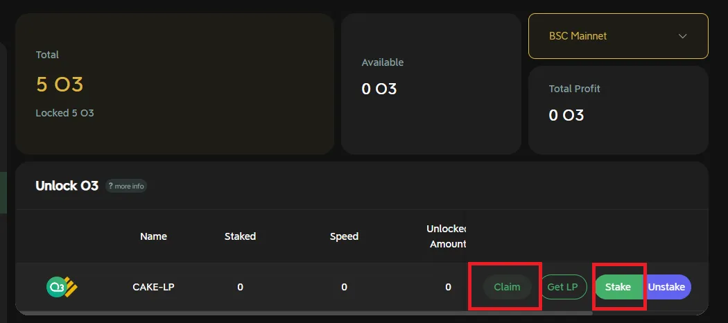 Stake LP and Unlock O3