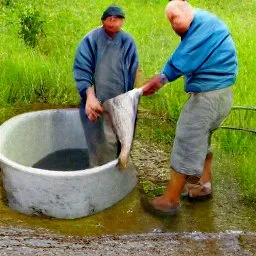 two men gathering water from a well while gutting salmon fish for a mother in a shoe index.jpeg