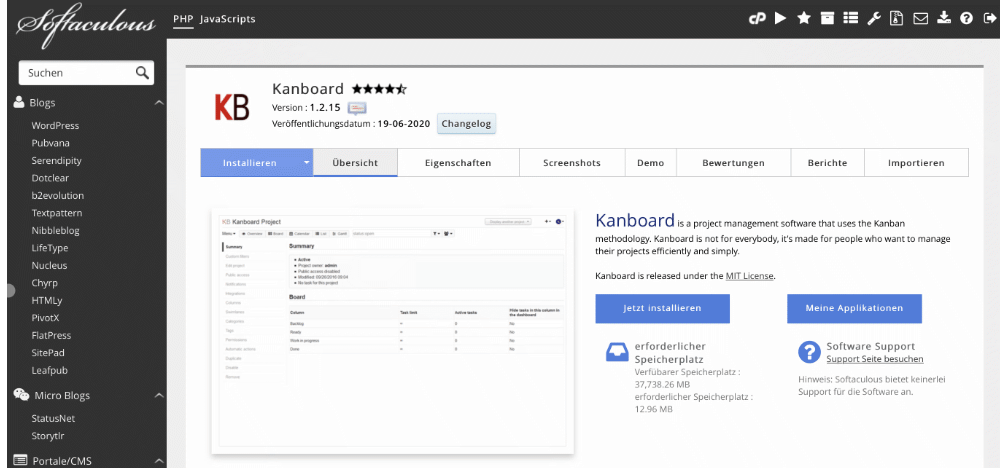 Kanboard im Softaculous Apps Installer