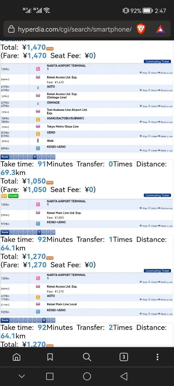 Our trip cost 1,050 yen and the duration is 91 minutes