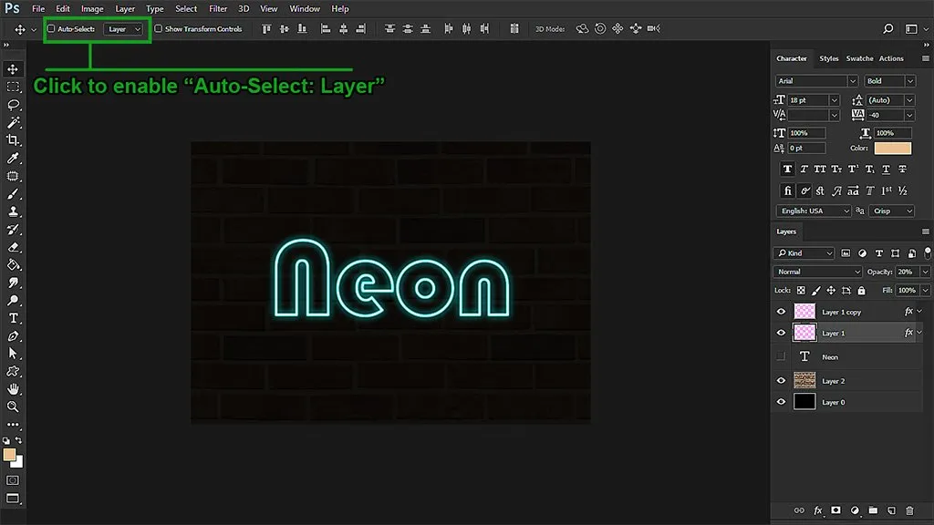 Adobe Photoshop user interface showing how to enable "Auto-Select for Layers"