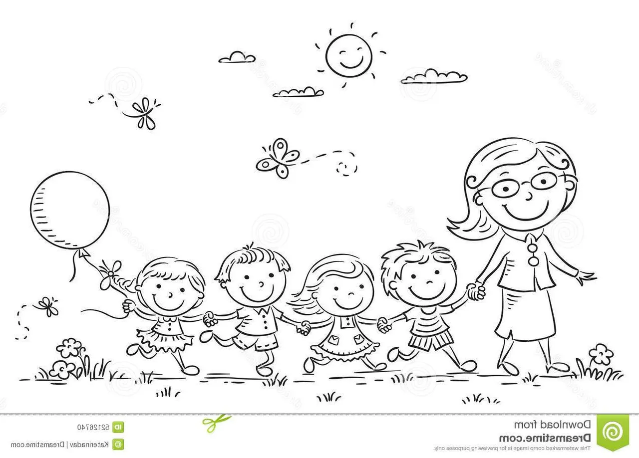 hd-cartoon-kids-their-teacher-outdoors-outline-walk-kindergarten-black-white-photos.jpg