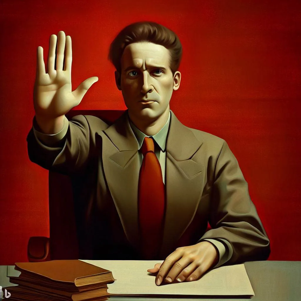 photorealistic, high definition , poster art, soviet propaganda, man at table with hand up stop