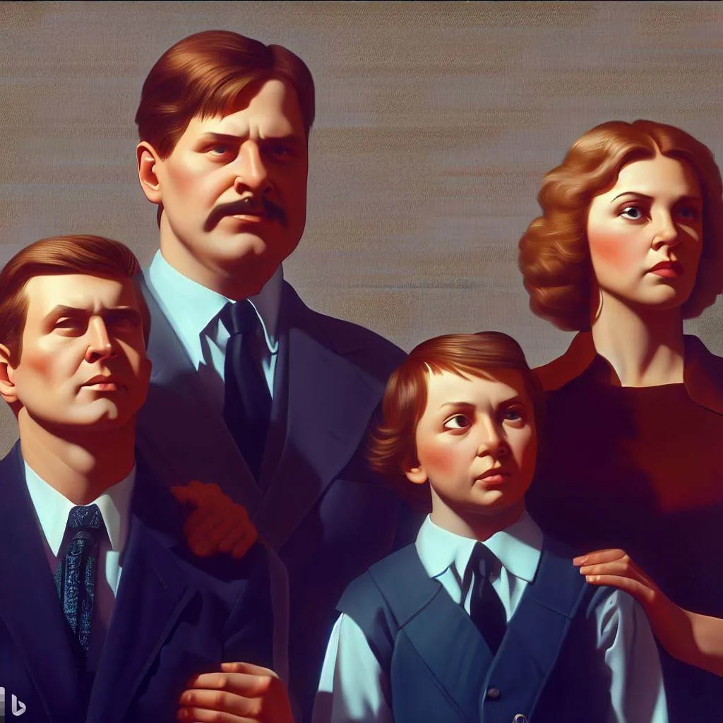 photorealistic, high definition , poster art, soviet propaganda, family , husband, wife, son , daughter , group photo