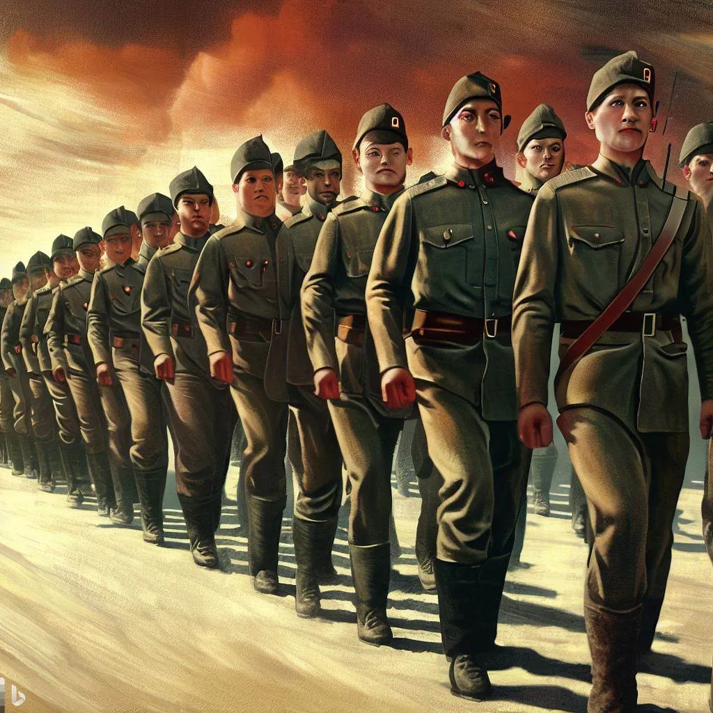 photorealistic, high definition , poster art, soviet propaganda, soldiers in marching formation