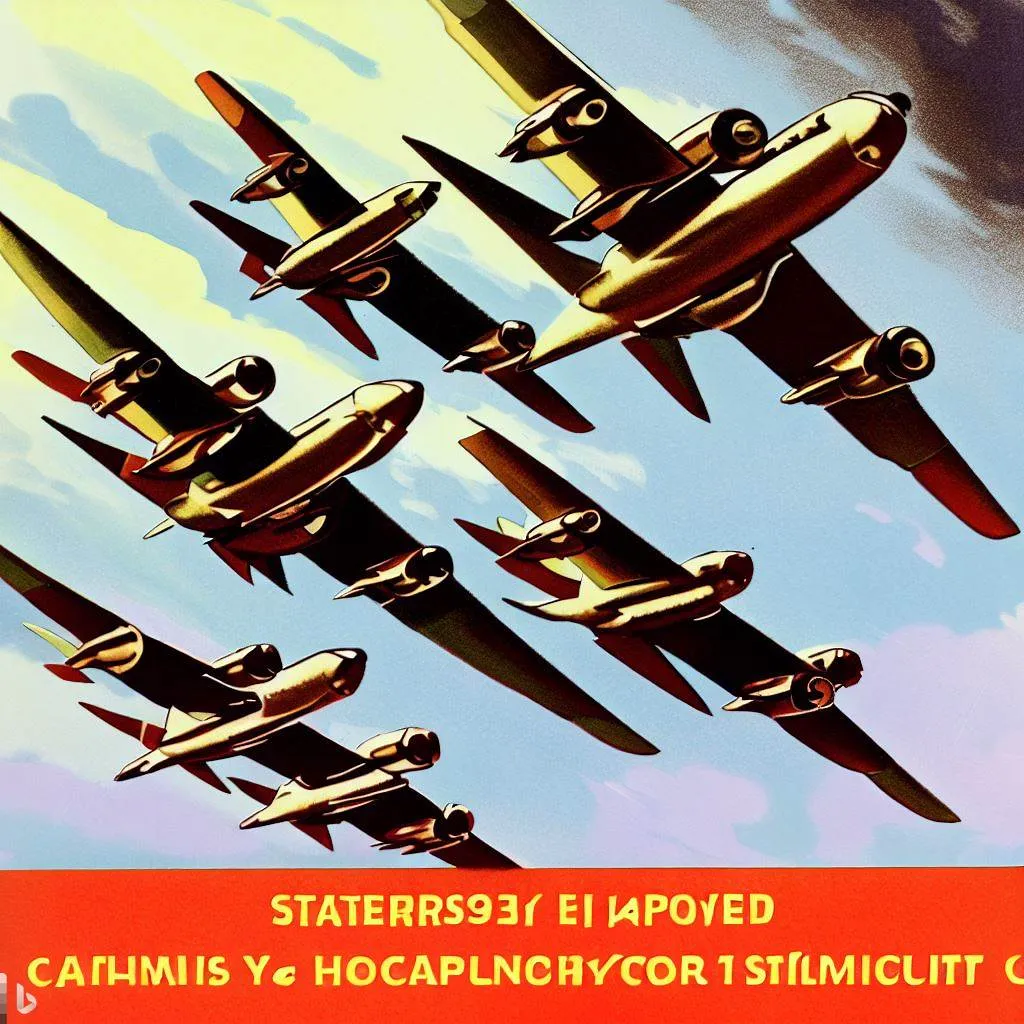 photorealistic, high definition , poster art, soviet propaganda, airplanes in formation